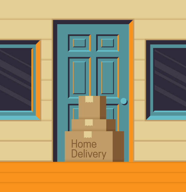 ilustraciones, imágenes clip art, dibujos animados e iconos de stock de paquetes de entrega a domicilio en la puerta principal - front porch
