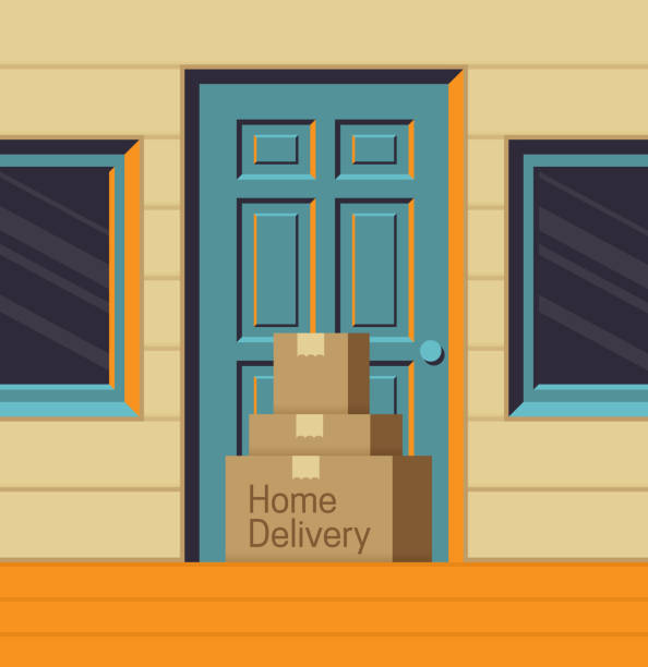 Home Delivery Packages at Front Door Home delivery package delivery front porch door stacked packages idea concept. blue front door stock illustrations