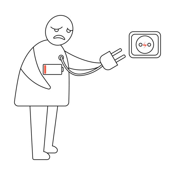 The schematic man is tired of hard work and looks as if he is running out of power from the battery on his body. He wants to recharge by plugging the cord into the socket. Black and white vector art The schematic man is tired of hard work and looks as if he is running out of power from the battery on his body. He wants to recharge by plugging the cord into the socket. Black and white vector art. background of the sad face black and white stock illustrations