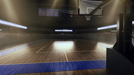 Basketball court with people fan. Sport arena. Render 3D. Illustration.
