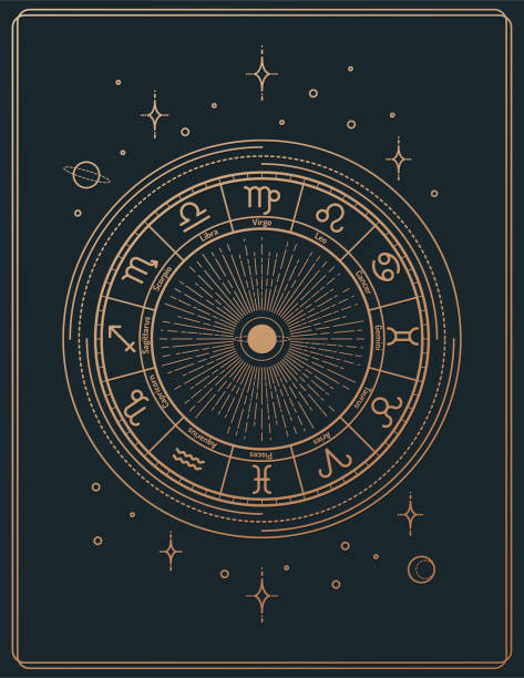 ilustraciones, imágenes clip art, dibujos animados e iconos de stock de cartel de la astrología de arte de línea de estilo retro dorado cartel - signo del zodíaco