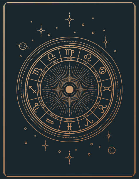 illustrations, cliparts, dessins animés et icônes de affiche d’astrologie d’art de ligne rétro dorée - astrologie