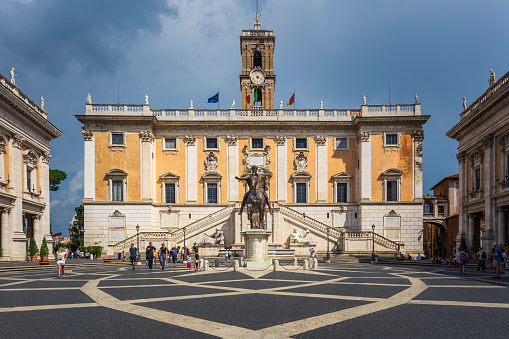 Wide picture of Piazza Del Campidoglio with the statue of Marcus Aurelius in a sunny day. Rome, Italy.