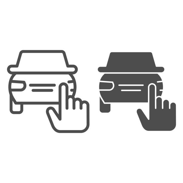 Rent selection or choosing line and solid icon. Hand pointer and car, safe driving symbol, outline style pictogram on white background. Transport sign for mobile concept, web design. Vector graphics. Rent selection or choosing line and solid icon. Hand pointer and car, safe driving symbol, outline style pictogram on white background. Transport sign for mobile concept, web design. Vector graphics car dealer icon stock illustrations