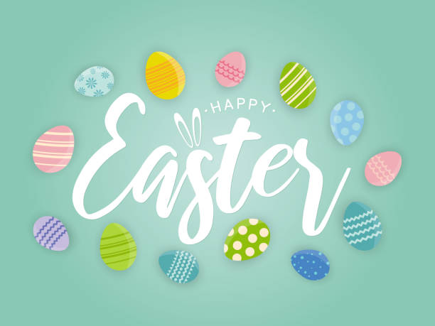 ilustrações de stock, clip art, desenhos animados e ícones de easter background poster with colorful easter eggs. vector - easter egg pastel colored text easter