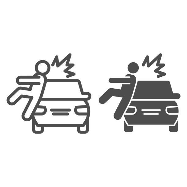 ilustrações de stock, clip art, desenhos animados e ícones de collision with pedestrian line and solid icon. vehicle knock down man with smash symbol, outline style pictogram on white background. car accident sign for mobile concept, web design. vector graphics. - people in a row people business isolated