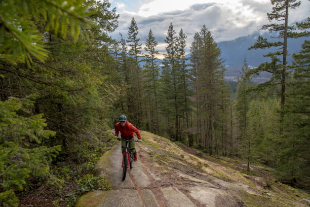 istock Mountain biker rides across rock slabs 1214980907