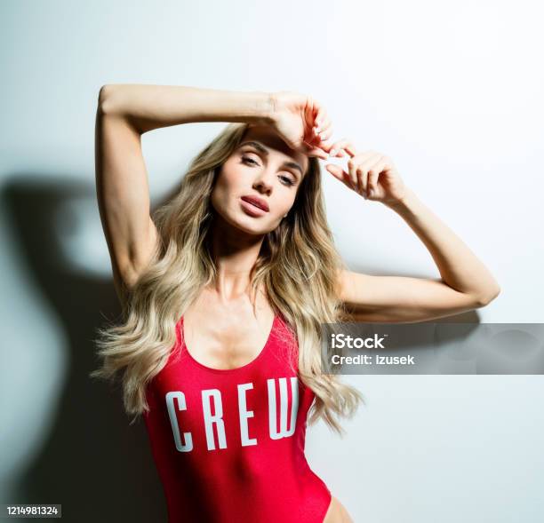 Glamour Summer Portrait Of Young Woman In Red Swimsuit Stock Photo - Download Image Now