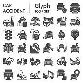 istock Car accident solid icon set. Road traffic signs collection, sketches, logo illustrations, web symbols, glyph style pictograms package isolated on white background. Vector graphics. 1214982777
