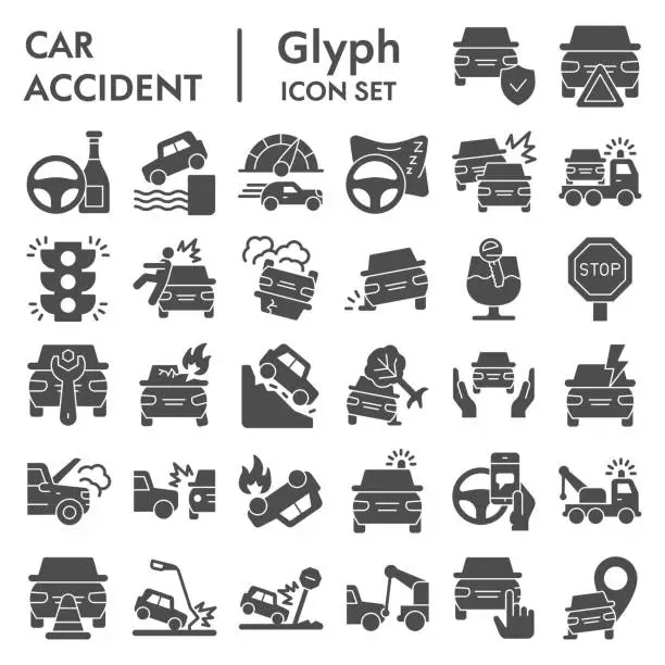Vector illustration of Car accident solid icon set. Road traffic signs collection, sketches, logo illustrations, web symbols, glyph style pictograms package isolated on white background. Vector graphics.