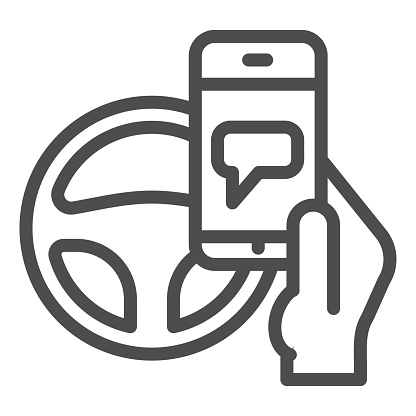 Texting while driving line icon. Smartphone threat and steering wheel symbol, outline style pictogram on white background. Car accident sign for mobile concept, web design. Vector graphics