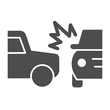Two automobile road crash solid icon. Frontal or side driving collision symbol, glyph style pictogram on white background. Car accident sign for mobile concept, web design. Vector graphics