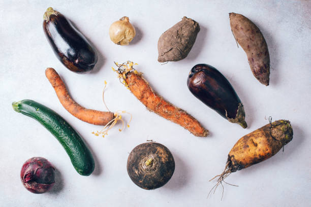 istock Ugly vegetables on grey background. Ugly food concept. Top view, flat lay. 1214984253