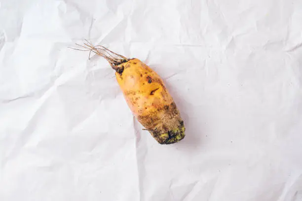 Ugly misshapen carrots on wooden background. Concept of zero waste production. Top view. Copy space. Non gmo vegetables.