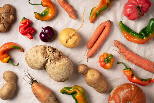 Trendy ugly organic vegetables. Assortment of fresh eggplant, onion, carrot, zucchini on green background. Top view. Cooking ugly food concept. Non gmo vegetables.