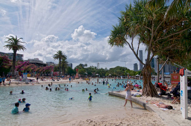 Brisbane, Queensland, Australia - 27th January 2020 : View of South Bank artificial street beach and pools on a sunny day with many tourists enjoying a bath in fresh water