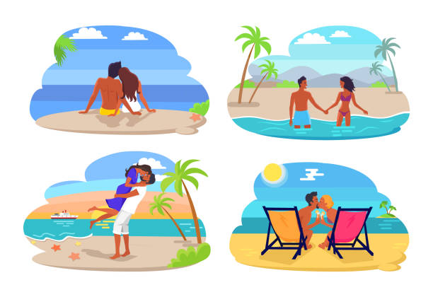 illustrations, cliparts, dessins animés et icônes de illustration de vecteur de collection de bord de mer de couples - romance travel backgrounds beaches holidays and celebrations