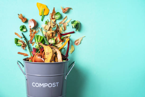 istock Trash bin for composting with leftover from kitchen on blue background. Top view. Recycling scarps concept. Sustainable and zero waste lifestyle 1214986415