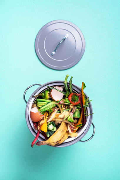 istock Sustainable and zero waste living. Vegetable waste in recycling compost pot. top view. Copy space. Peeled vegetables on chopping board, white compost bin on blue background. Recycle kitchen waste. 1214986588
