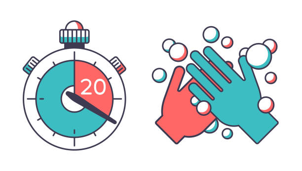 Washing Hands for 20 Seconds Timer Washing hands for 20 seconds to kill bacteria and germs line icon illustration concept pandemic coronavirus CoViD-19 cleaning. disease vector stock illustrations