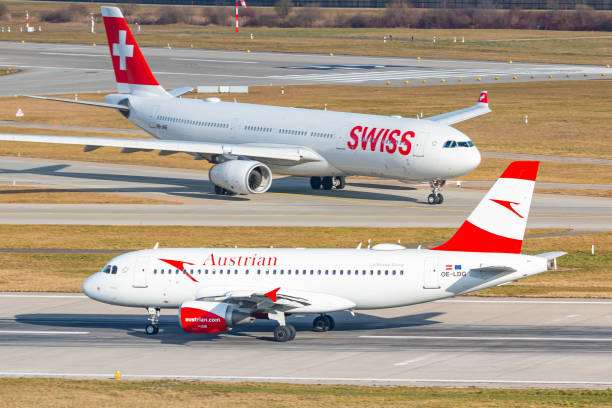 Austrain Airlines Airbus A319 and Swiss Airlines airplane at Zurich airport stock photo