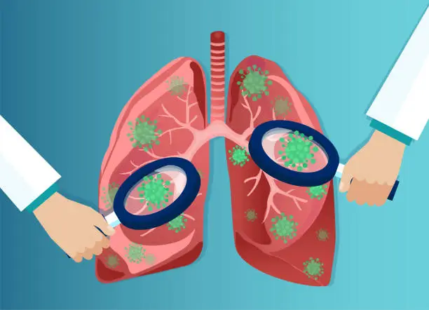 Vector illustration of Vector of doctor hands with magnifying glass analyzing coronavirus affected lungs
