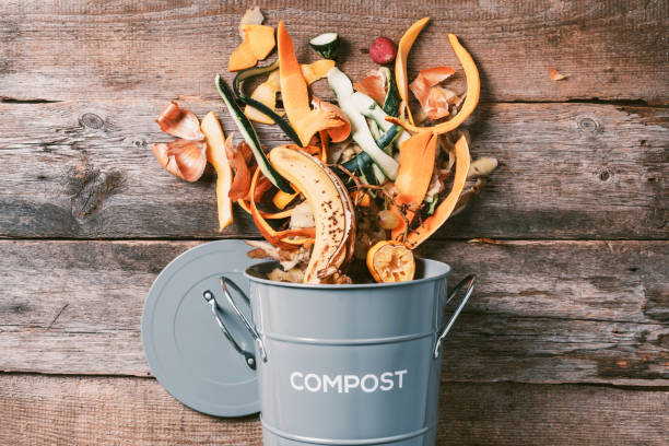 istock Peeled vegetables on chopping board, white compost bin on wooden background. Top view of kitchen food waste collected in recycling compost pot. 1214991369