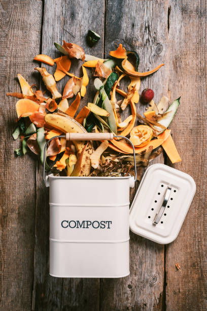 istock Trash bin for composting with leftover from kitchen on wooden background. Top view. Recycling scarps concept. Sustainable and zero waste lifestyle 1214991373