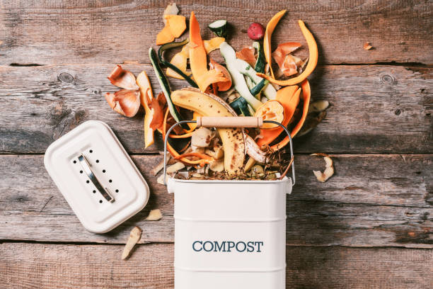 istock Recycle kitchen waste. Sustainable and zero waste living. Vegetable waste in recycling compost pot. Top view. Copy space. Peeled vegetables on chopping board, white compost bin on blue background. 1214991376