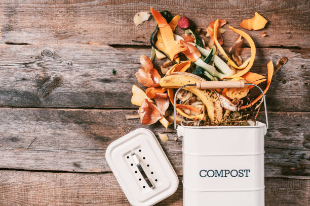 istock Garbage sorting. Organic food waste from vegetable ready for recycling in compost bin on wooden backgrond. Top view. Sustainable and zero waste living. Environmentally responsible behavior, ecology concept. 1214991383