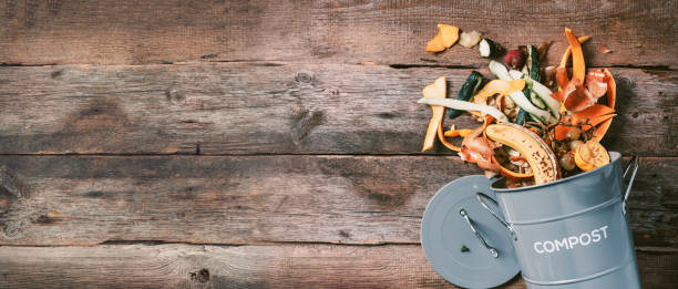 istock Sustainable and zero waste living. Vegetable waste in recycling compost pot. Top view. Copy space. Peeled vegetables on chopping board, white compost bin on blue background. Recycle kitchen waste. 1214991393