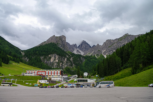 INNSBRUCK, AUSTRIA - August 17, 2010:  Summer view to Olympic Ski resort and funicular station of Axamer Lizum, Tyrol, Austria