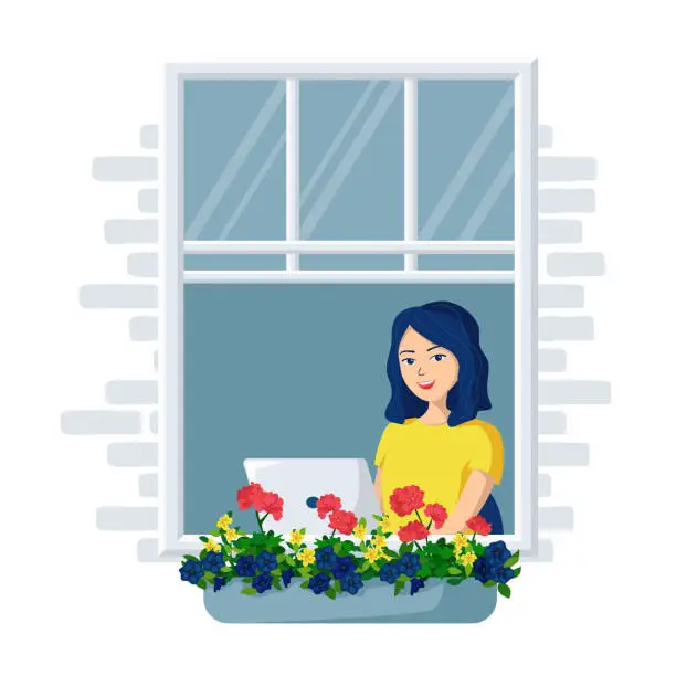 Vector illustration of Young happy smiling woman with laptop sits by the open window.Vector illustration of a remote work from home. Freelance.Distance Learning Home Office