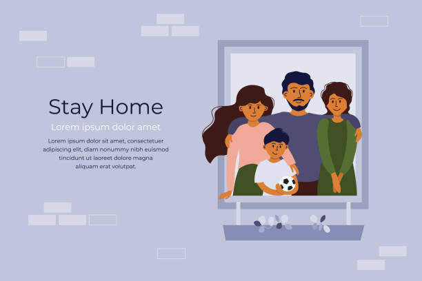 House facade, big family and stay home concept Stay home concept. House facade with briks. Big family looking out of window. Mom, dad, daughter and son with soccer ball smiling together. Coronavirus quarantine isolation. Vector illustration, flyer brick house isolated stock illustrations