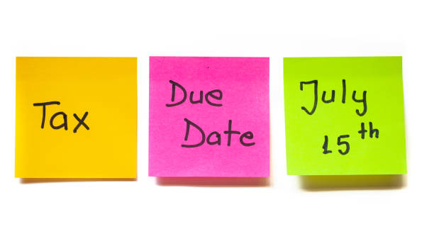 Tax due date postponed to July 15th concept with colorful sticky notes on white background. Government moved the filing date with three months, providing relief to contributors affected by covid-19. stock photo