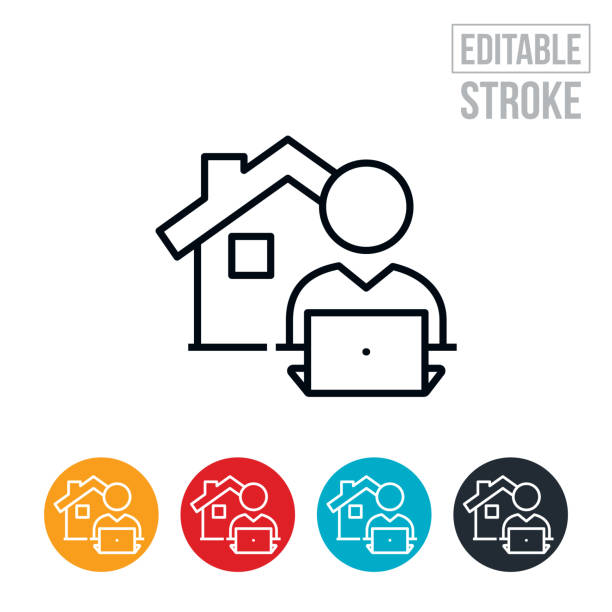 Work From Home Thin Line Icon - Editable Stroke A icon of person on laptop with a house to represent working from home. The icon includes editable strokes or outlines using the EPS vector file. work from home stock illustrations