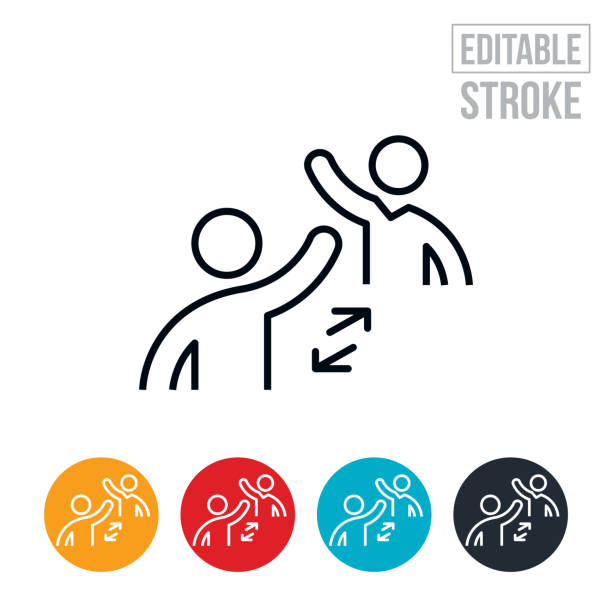 Social Distancing Thin Line Icon - Editable Stroke An icon of a two people waving to each other while observing social distancing by staying an adequate distance away from one another. The icon includes editable strokes or outlines using the EPS vector file. safe distance icon stock illustrations