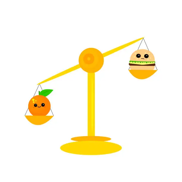 Vector illustration of orange outweighs a burger on the scales