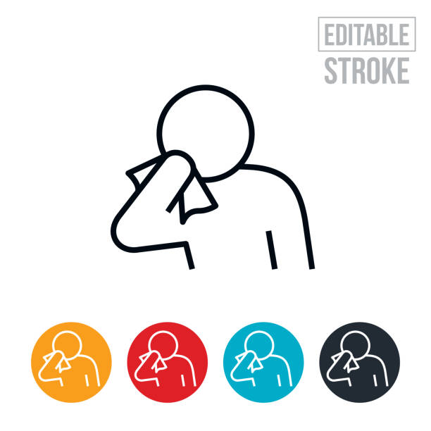 Person Sneezing Into Tissue Thin Line Icon - Editable Stroke A icon of a sick person sneezing into a handkerchief or tissue. The icon includes editable strokes or outlines using the EPS vector file. allergy icon stock illustrations