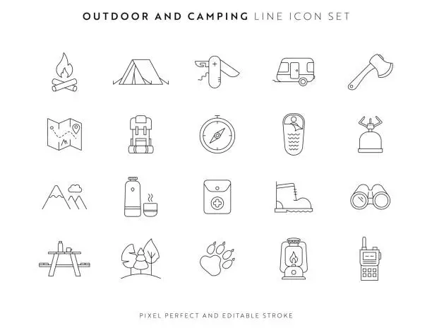 Vector illustration of Outdoor and Camping Icon Set with Editable Stroke and Pixel Perfect.