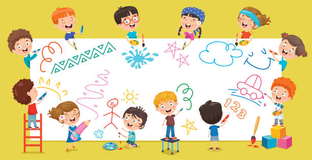 illustrations, cliparts, dessins animés et icônes de art concept design avec le caractère drôle - childs drawing child preschool crayon
