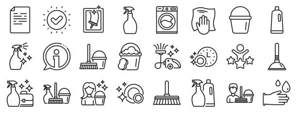 reinigungsliniensymbole. wäscherei, schwamm und vakuum. vektor - frühjahrsputz stock-grafiken, -clipart, -cartoons und -symbole