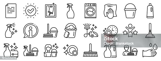 istock Cleaning line icons. Laundry, Sponge and Vacuum. Vector 1215005698