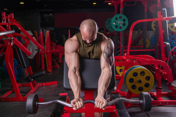 istock Powerful muscular man doing biceps exercise with barbell on the bench 1215008887