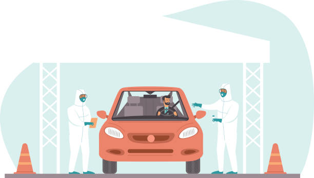 Coronavirus COVID-19 drive through testing site concept Coronavirus COVID-19 drive through testing site. Medical workers in full protective gear takes sample from driver inside the car. Drive-thru test site concept. Flat vector illustration through stock illustrations