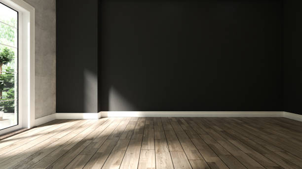 istock black and concrete wall empty room interior design with wooden floor 3D rendering 1215012622