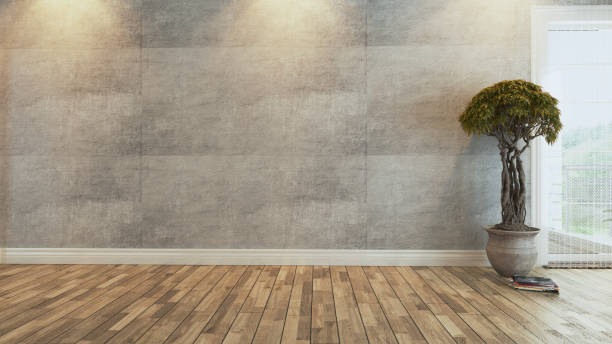 living room with plant concrete wall interior design 3D rendering