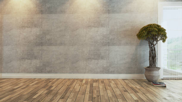 living room with plant concrete wall interior design 3D rendering stock photo