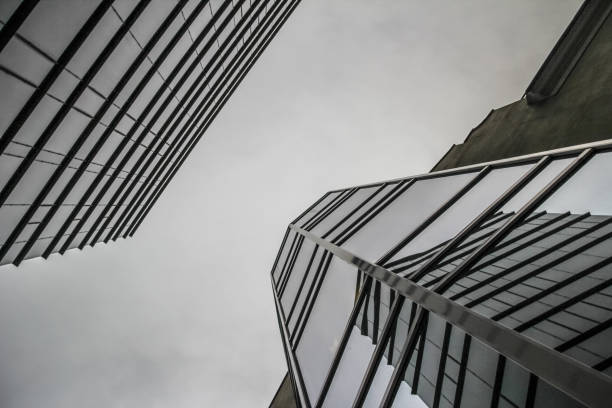 istock Modern skyscrapers, views from below. Cityscape of falling Moscow. 1215012886