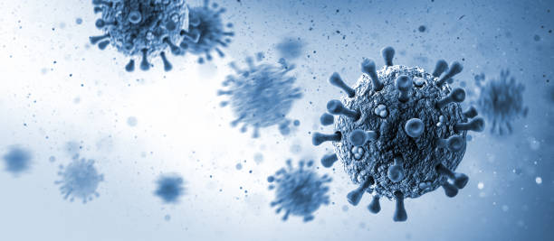Viruses on Blue Gradient Spherical Viruses - Microbiology And Virology Concept Background computer virus photos stock pictures, royalty-free photos & images